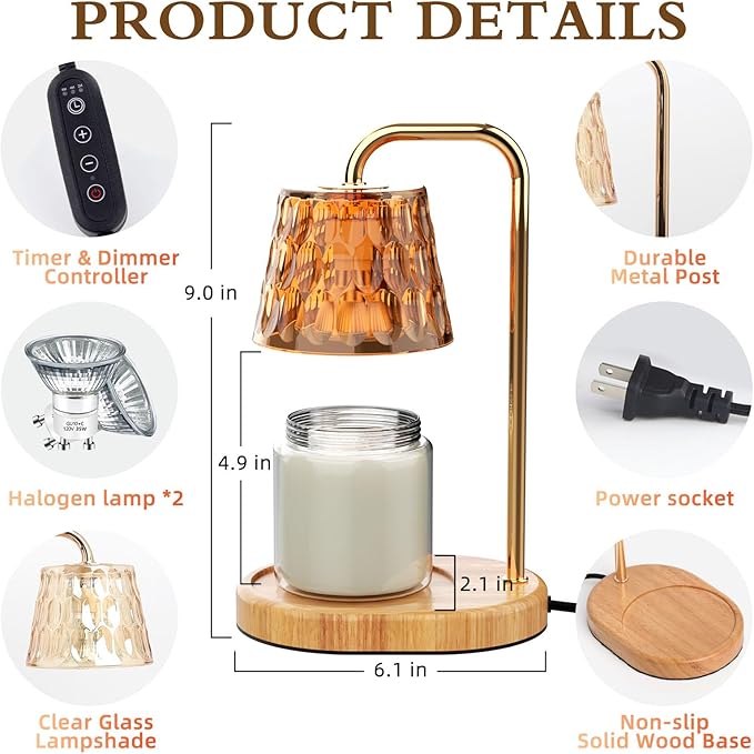 Candle Warmer Lamp Burner for Soy Jar Candles with Timer &Dimmer, Wax Candle Melts Warmer Light for Home Room Decor, Modern Candle Heater with Glass Lampshade for Scented Wax (Golden)