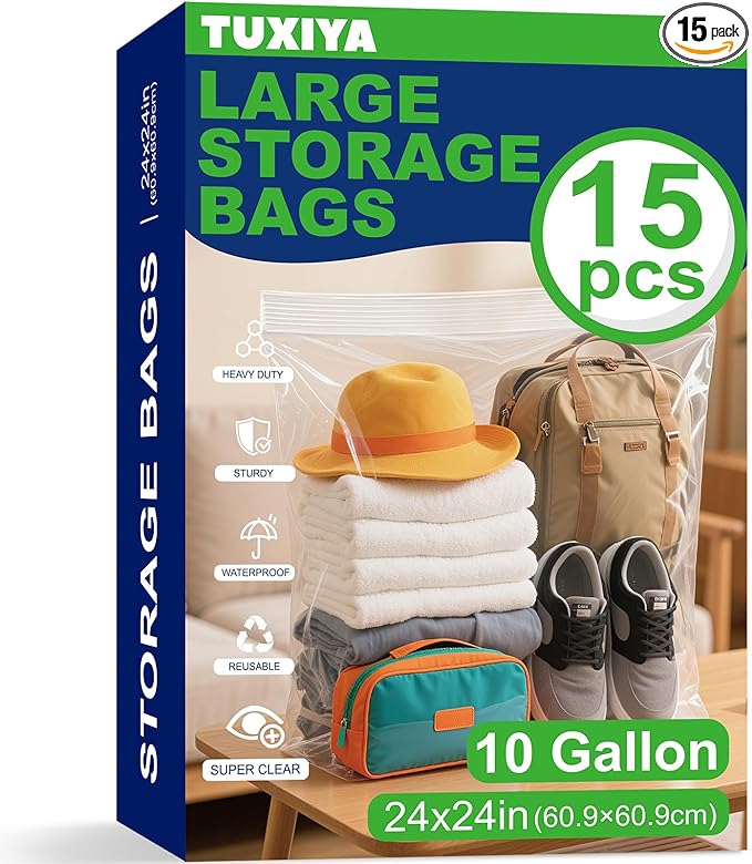 TUXIYA 15PACK 10 Gallon Extra Large Zipper Plastic Bags for Storage 24'' x 24'',Extra Large Clear Zipper Bags Reusable for Clothes, Home Moving, Travel, Camping, Thick 6 Mil