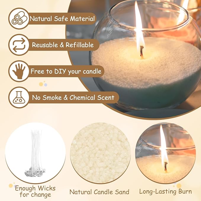 MECCANIXITY Pearled Sand Candles with 30 Pcs Wicks 14Oz / 400g Candle Beads Refillable Powder Sand Wax Making Kit for Thanksgiving Christmas Wedding Party DIY Home Crafts, Beige