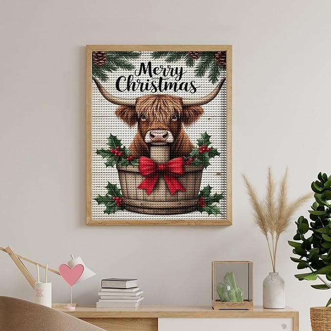 AIVKIEJK Diamond Painting Kits for Adults - Highland Cow Merry Christmas Painting DIY 5D Full Drill Diamond Dots Paintings with Diamonds Gem Art and Crafts Home Decor 16"x20"
