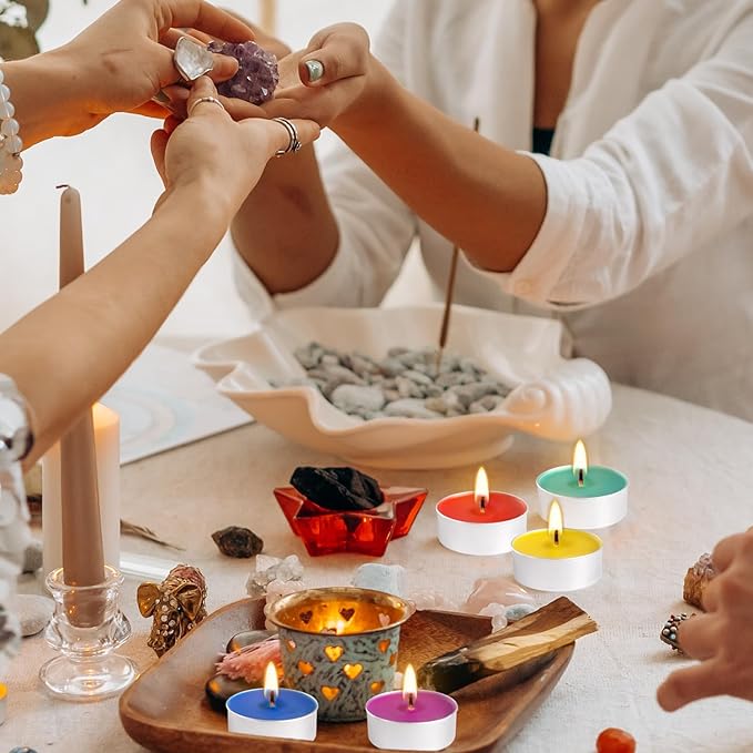 50 Pack Colorful Tealight Candles - 4-Hour Burn Unscented Smokeless Tea Lights for Home Decor, Rituals, Parties & Relaxation