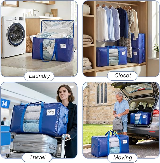 4 Pack Moving Bags Heavy Duty, Large Storage Bags with Visible Window and Zipper, Stronger Wrap-Around Handle and Waterproof Material, Clothes and Blankets Storage, Alternative to Moving Boxes