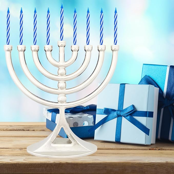 24-Pack Hanukkah Silver Mini Menorah with Candles Classic 5 Inch Great for Travel, Hanukkah Decor Centerpiece
