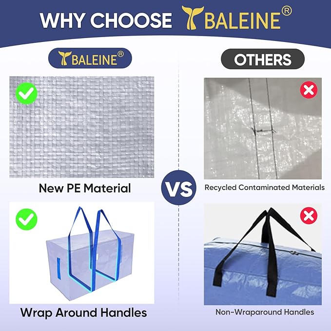 TICONN 16 Pack Extra Large Moving Bags with Zippers & Carrying Handles, Heavy-Duty Storage Tote Moving Boxes for Space Saving (16 PK, 18 Gallon)