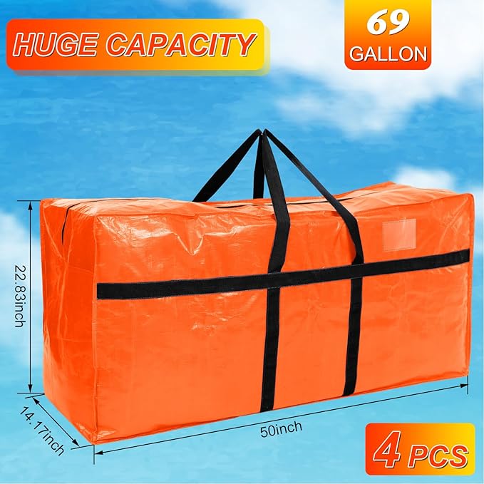 Windyun 4 Pack 69 Gallon Extra Large Moving Bags XXL Heavy Duty Storage Bag with Strong Zipper Handle Jumbo Big Tote Box Foldable for College Dorm Travel Clothes Duffle Blanket Pillow(Orange)
