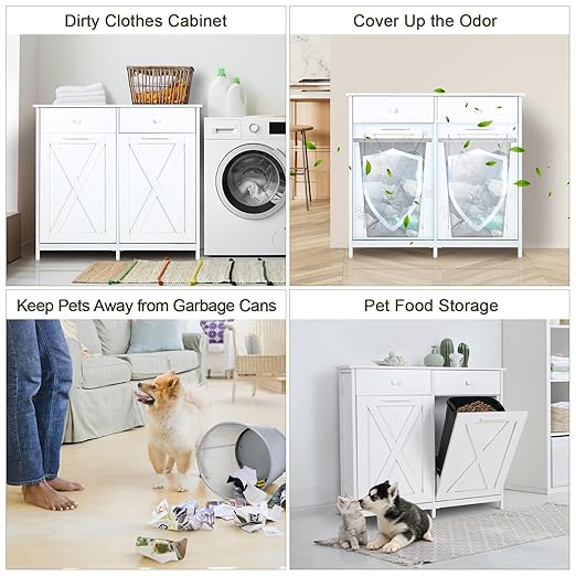 Clevich Double Tilt Out Trash Bin Holder, Wooden Recycling Cabinet w/Drawers & Tabletop, Dog-Proof, NOT Included(White)