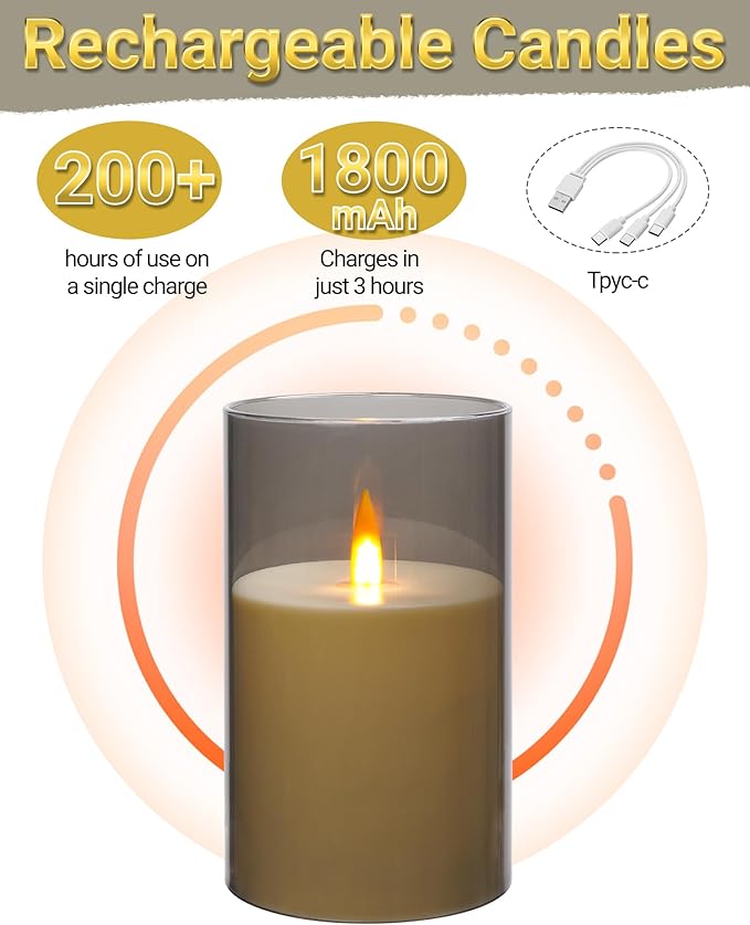 Da by Rechargeable Flameless Candle, Type-c Rechargeable Battery Candlewith Remote Control and Timer Function,Set of 3,can Last up to 240 Hours. A Wick Like a Flame. (Save 220 AA Batteries per Year).