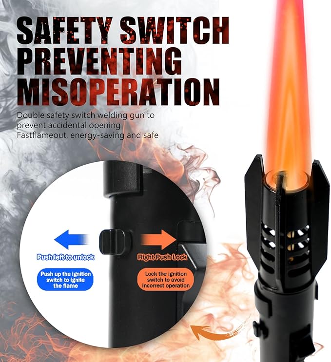Camping Lighter, Torch Lighter, Straight Flame Bright Fire Refillable Windproof Adjustable Color with Safety Lock for Campfires Kitchen Hiking Candles Fireplace BBQ Outdoor Essentials (Black)