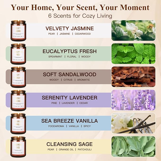 Scented Soy Candles Set for Women - 6 Pack 42oz 300Hour Candle for Home Scented, Lavender Vanilla Eucalyptus Sage Jasmine Sandalwood Candle for Spring Summer, Natural Soy Wax Aromatherapy Candles ﻿