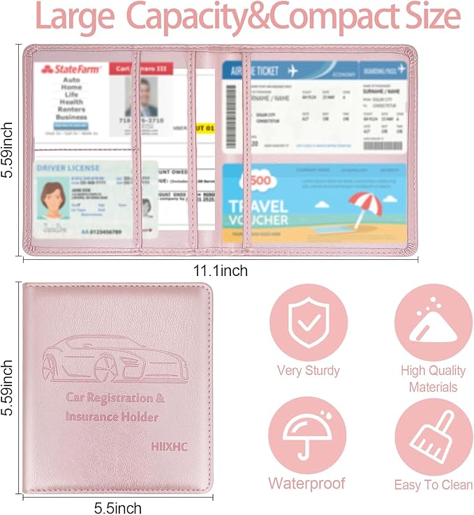 Car Registration and Insurance Holder, 5.5 x 5 Inch PU Leather Vehicle Glove Box Organizer Wallet Case Organizer for Insurance Card, Driver License, Essential Document, Paperwork