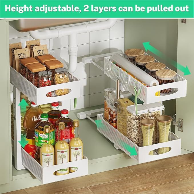 2 Pack Under Sink Organizer and Storage, 2 Tier Pull Out Sliding Cabinet Shelf, 5-Level Height Adjustable Thickened Carbon Steel Storage Rack for Kitchen Bathroom Cabinet,White