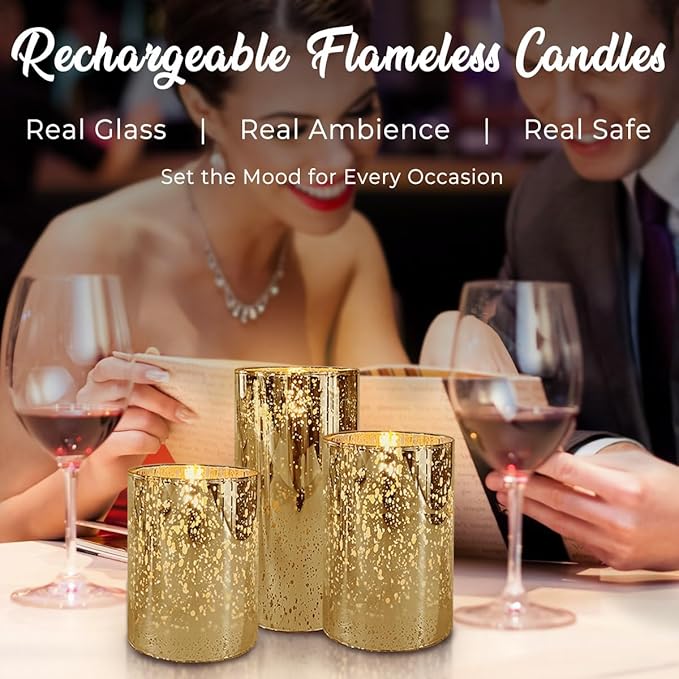 Rechargeable Flameless Candle, Flickering LED Pillar Glass Fake Candle with Remote and Timer, Built-in Battery Real Wax Electronic Candle for Room Decoration, Set of 3