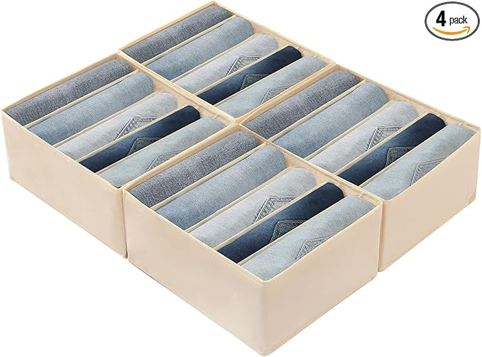 Qozary Jeans Pants Organizer for Closet, 4 Pack Drawer Organizers for Clothing, 5 Grids Wardrobe Clothes Organizer, Jean Organizer for Closet, Deep Drawer, Clothes Organizer for Shirts, Legging