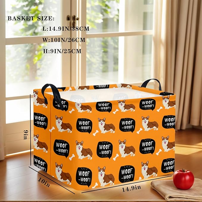 Woof Dog Basket Storage Bin for Chew Toys Pet Supplies & Pet Organizer Dog room decor (Orange)