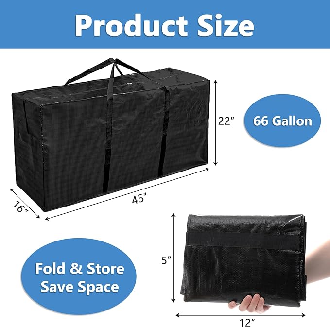 Elsjoy 2 Pack 66 Gallon Extra Large Moving Bags, 45 x 16 x 22 Inch Black XXL Storage Bags with Zippers & Handles, 250L Heavy Duty Over-Sized Storage Tote for Traveling, Moving, Camping