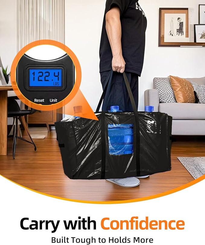 Extra Large Moving Bags, 6 Pack Heavy Duty Storage Bags Boxes Bins Totes with Hnadles Zippers Visible Window for Clothes College Dorm Travel, Black