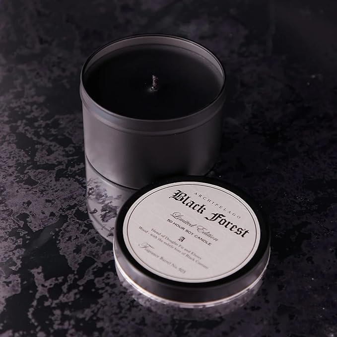 Archipelago Botanicals Black Forest Soy Wax Blend Travel Candle Tin, Dark Ebony Wood, Douglas Fir and Black Currant Scent, Clean Burning, Lead-Free Wick, 30 Hour Burn, 5.7 oz