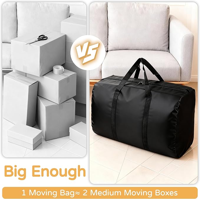 2 Pack 96L Extra Large Moving Bags with Zippers & Carrying Handles for Storage, Packing, Traveling, Camping, Langdry, Big Heavy Duty Moving Totes Bags for Clothes, Supplies and Space Saving Black