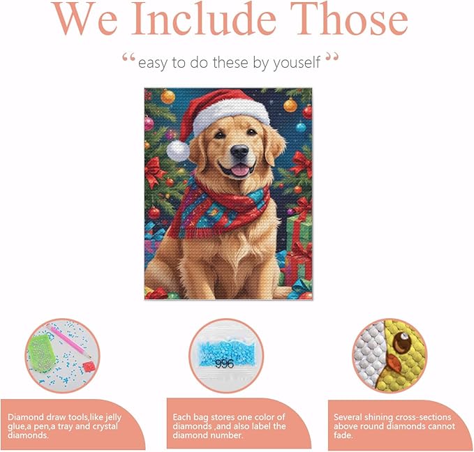 QZOTRXI 5D Dog Santa Hat Diamond Painting Kits for Adults, Full Drill Diamond Art Gift, DIY Christmas Dog Gem Pictures Paint Diamond Art Craft for Home Wall Decor 12x16 Inch