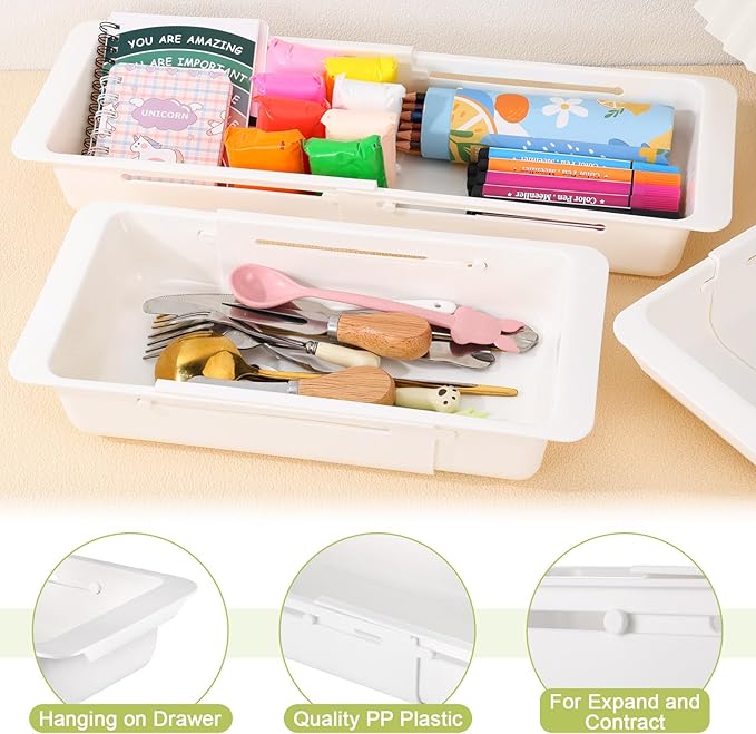 Booson 4 PCS Deep Drawer Organizer Bin Adjustable Sliding Drawer Organizers Expandable Kitchen Organizer Trays for Home Office Makeup Storage Tools