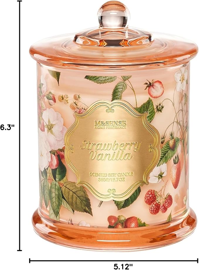 M&SENSE Strawberry Vanilla Soy Candle, Natural 12.7oz 75 Hour Long Lasting Slow Burning, Winter Aromatherapy Candle for Home Relaxation, Housewarming New Year Gifts for Women