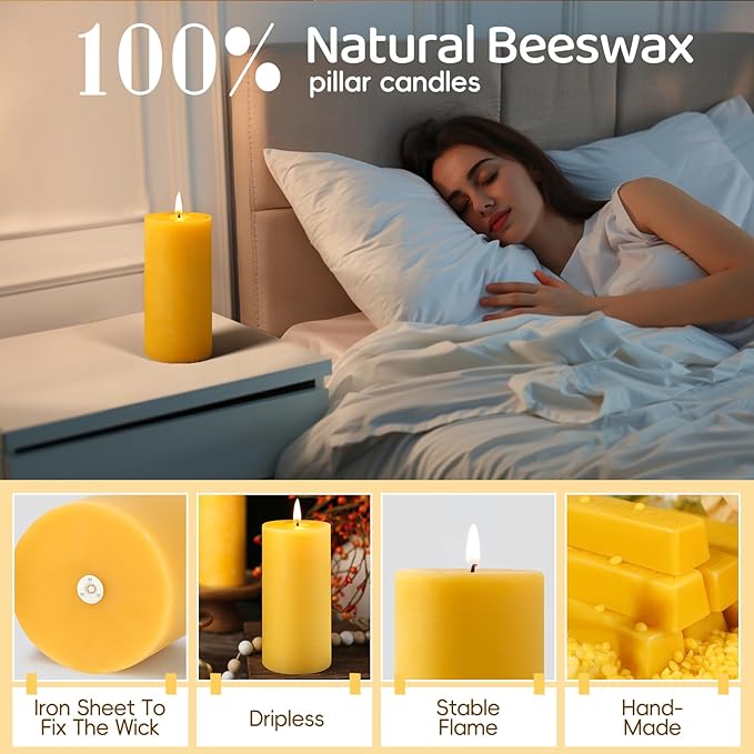 Natural Beeswax Pillar Candles,100% Pure Beeswax Candles-95 Hours Long Burning,Unscented Bees Wax Candles for Home,Prayer,Emergency,Dripless Smokeless Organic Pillar Candles Bluk-2.8x6in-1pack