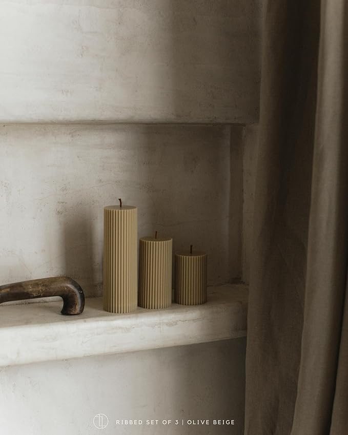 LAWA Roman Handmade Tall Ribbed Pillar Candle - Beautiful Scented Soy Wax Dinner Candle | Classic Aesthetic Decoration Set | Housewarming Gift | Home Room Shelf Decor Idea - Olive Beige (Set of 3)