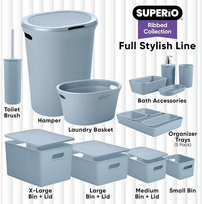 Superio Ribbed Collection - Decorative Plastic Basket Open Home Storage Bins Organizer, Medium Blue (2 Pack) Container Boxes for Organizing Closet Storage Bins for Shelves Drawer Shelf 5 Liter
