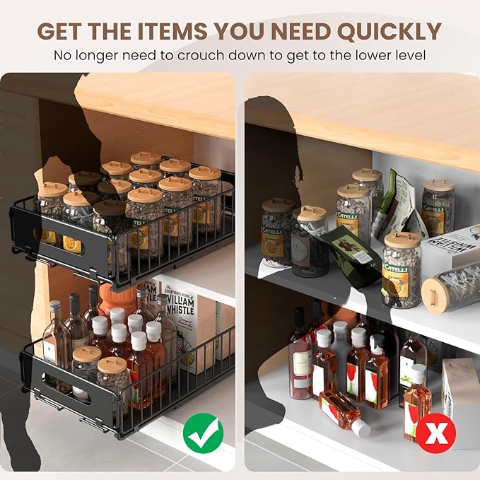 Pull Out Cabinet Organizer, 4 Pack Heavy Duty Slide Out Drawers Pantry Shelves Fixed With Strong Adhesive Glue and Handle for Kitchen, Living Room, Bathroom, Home (14.8" D X 9.6" W X 3.9" H)