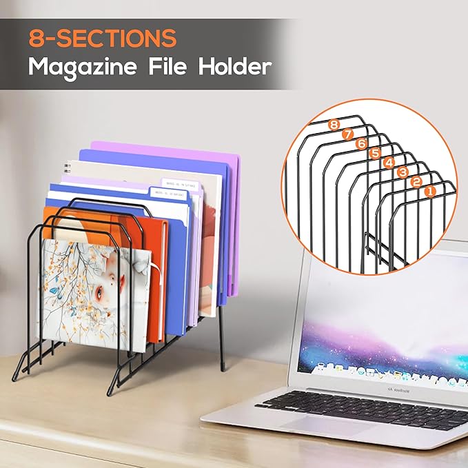 Gawerk Incline Metal Desk Magazine Folder Holder, Sorter Desk File Organizer with 8-Section Vertical Compartments Rack File Organizer for Office, Home, School