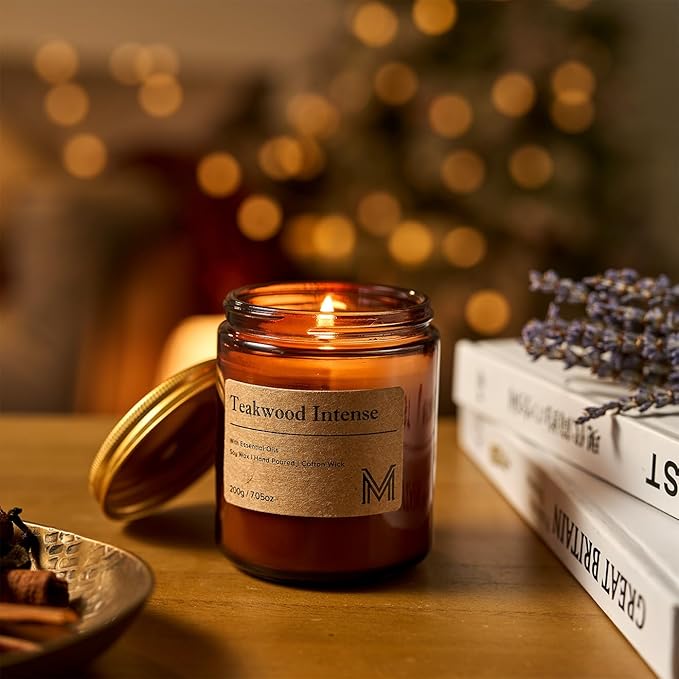 M&SENSE Teakwood Intense Scented Christmas Candle Gift, Aromatherapy Candle Set for Women, Soy Wax Candles Home Scented, Long Lasting Amber Jar Candles Gift for Christmas, Thanksgiving, Holiday