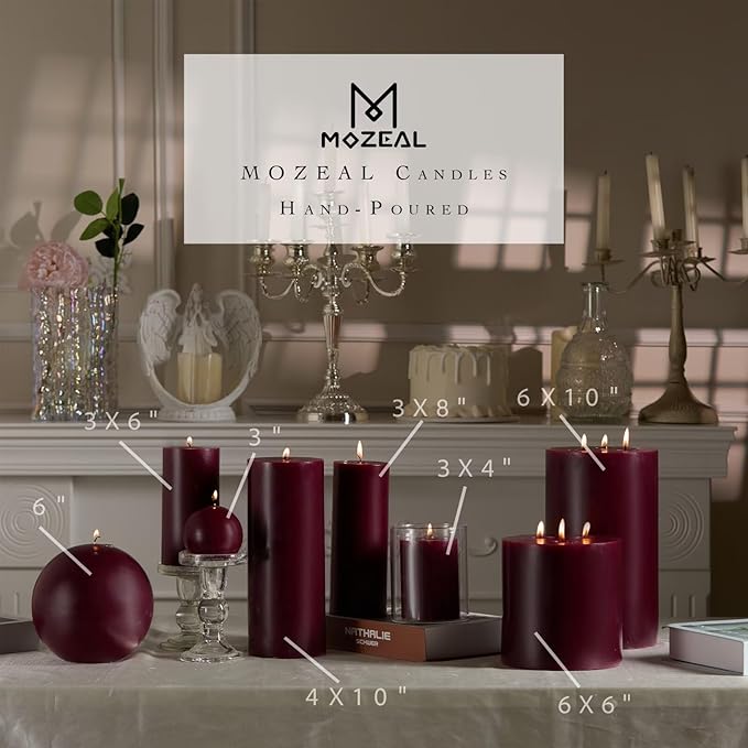 MOZEAL 4" x 10" Extra-Large Burgundy Pillar Candles (Set of 2), Unscented, Dripless, Smokeless,Long Clean-Burning, Tall 10 inch Large Burgundy Pillar Candles for Romantic Dinners and Valentine's Decor