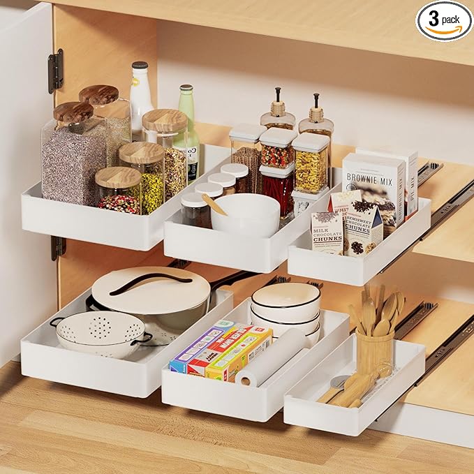 Creahaus 3 Pack Pull Out Drawers for Cabinets with Metal Slides, Easy to Install Cabinet Roll Out Shelves, Smooth Slide Out Drawers for Kitchen Cabinets with Nano Adhesive