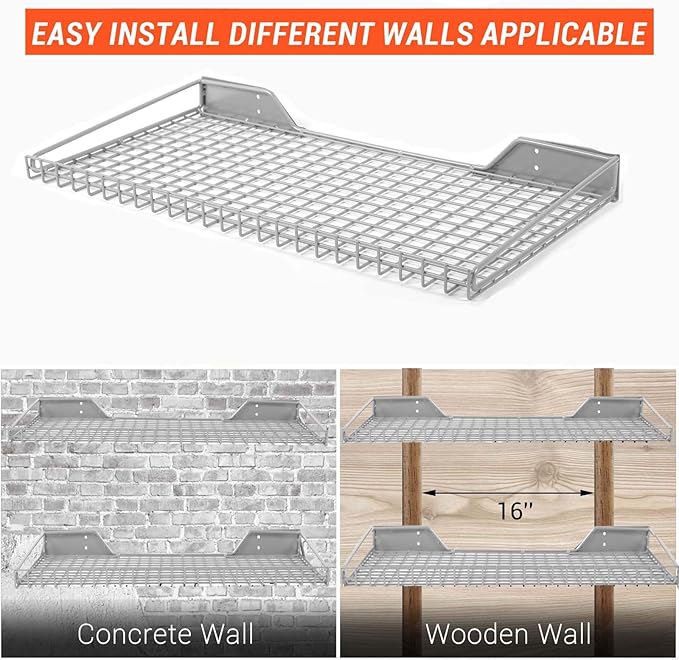 Wallmaster Heavy Duty Garage Wall Shelving 2 Pack 23.6"x11.8" Metal Wire Shelves Wall Mount Mesh Storage Rack for Garage, Office, Basement and Kithcen, max Load 65 lbs (Grey)