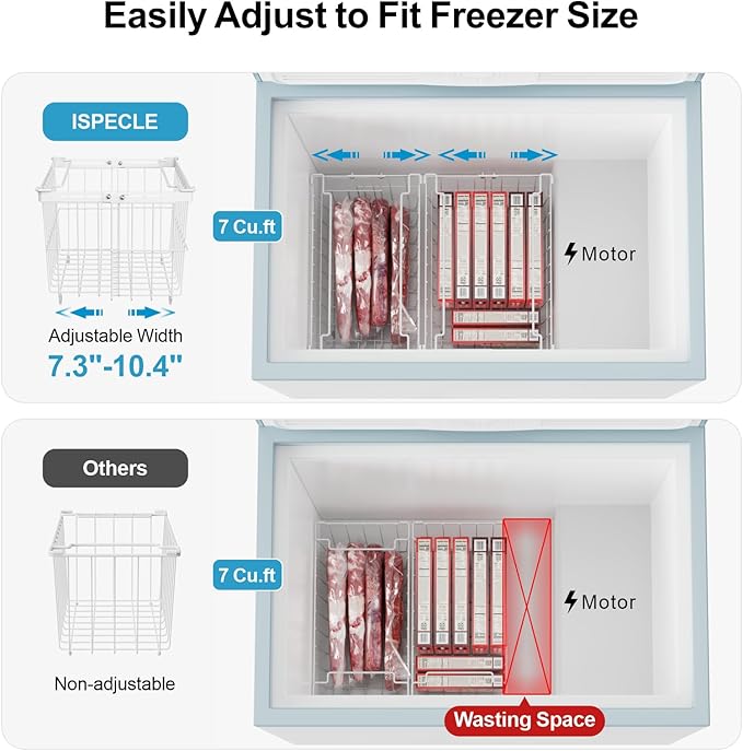 iSPECLE Freezer Organizer Bins - 6 Pack Adjustable Width for 5 to 7 Cu.Ft Chest Freezers, Stackable Wire Storage Baskets, Assembly Required, White