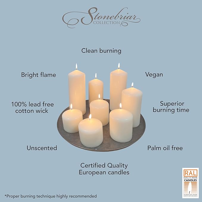 Stonebriar 3 Pack Tall 3 x 8 Inch 80 Hour Long Burning Unscented Ivory Wax Pillar Candles