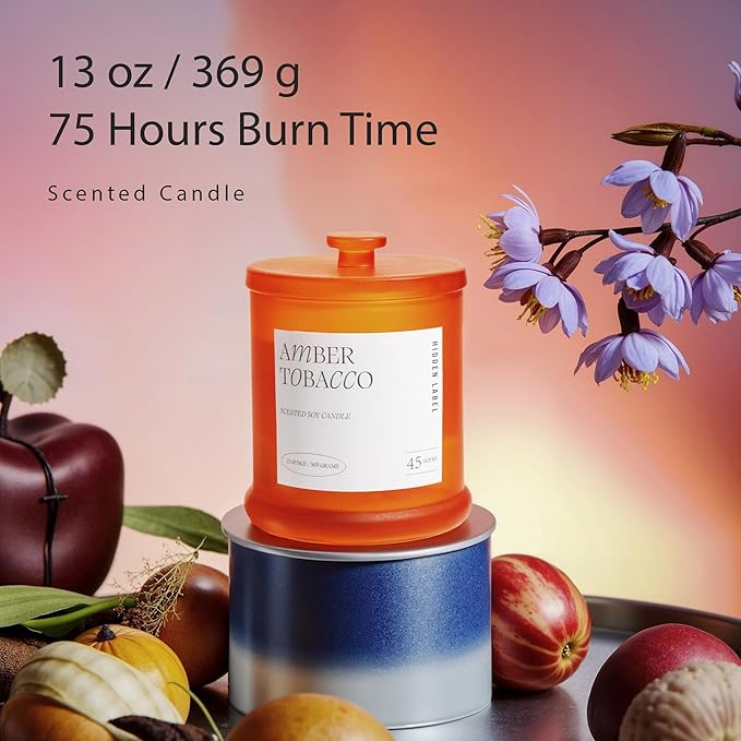 Hidden Label Amber Tobacco Scented Candle, 2 Wick Large Candles for Home Scented, 13oz Natural Soy Wax, 75Hours Long Lasting Slow Burning, Aromatherapy Candle with Reusable Glass Jar