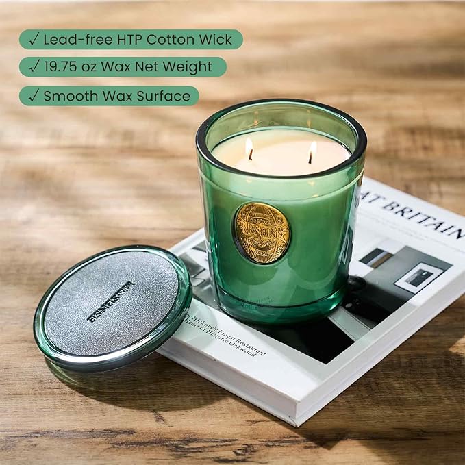 M&SENSE Large Two-Wick Soy Holiday Candle | Evergreen Pine & Emerald Green | 19.8 oz, 120H Burn Time | Luxury Scented Candle for Relaxation, Gifting, Home Décor | Ideal for Bedroom, Party