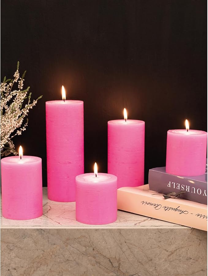CANDWAX Large Pillar Candles 3x6 Inch – Set of 3 Unscented Candles Hot Pink Candles, Rustic Style for Valentines, Weddings, Home Interior