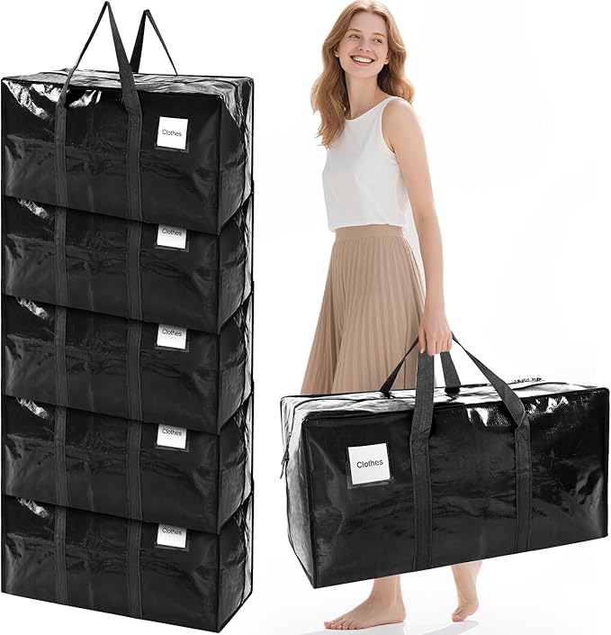 6 Pack Extra Large Moving Bags with Reinforced Handles, Heavy-Duty Storage Tote for Dorm Room Essentials with Strong Zipper,Packing Moving Boxes for College Supplies,Black