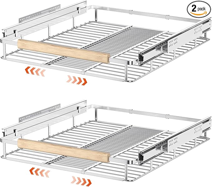 SANNO Expandable Pull Out Cabinet Organizer, Heavy Duty Under Sink Slide Out Cabinet Organizer, Pots Pans Kitchen Organizer Basket, Smooth Roll adjustable Sliding Drawer Expand to 12 to17.5, 2 Pack