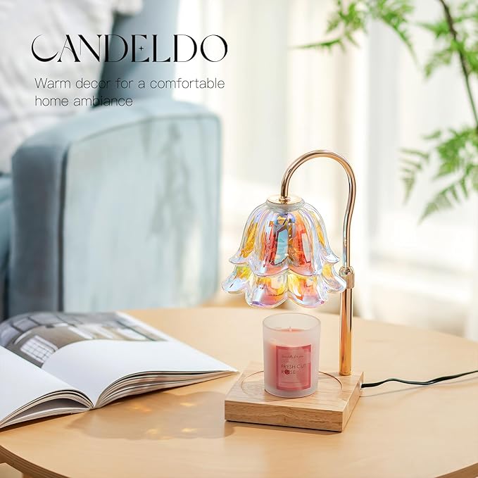 Candeldo Candle Warmer Lamp with Timer: Iridescent Flower Candle Warming Lamp with 2 Bulbs Height Adjustable Wax Warmer Dimmable Home Decor Mom Birthday Gift for Women