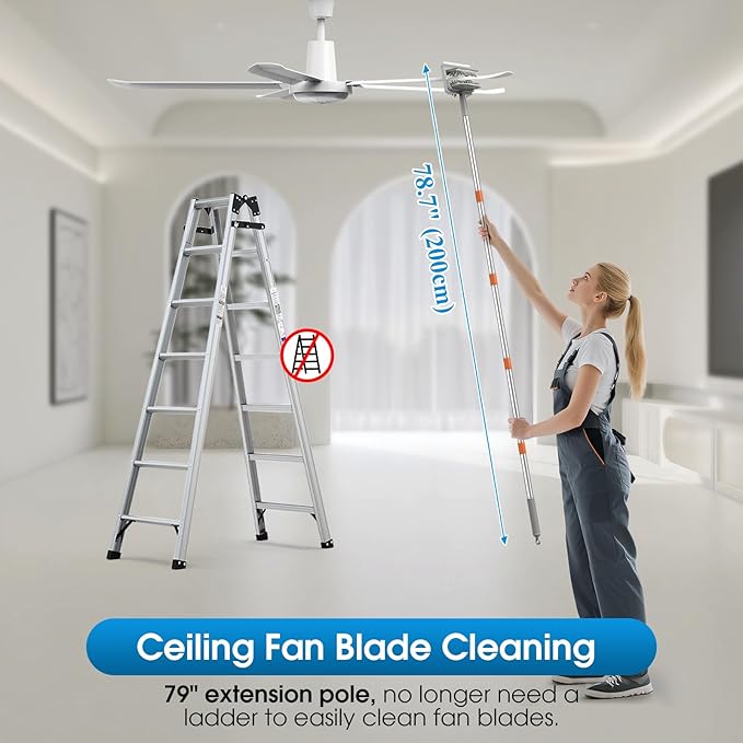 Extendable Cleaner for Ceiling Fan and Baseboards Cleaner Tool- 79” Adjustable Cleaning Kit with 9 Reusable Pads, Ceiling Fan Blade Cleaner Duster Set with Long Handle, Wall, Floor, Windows