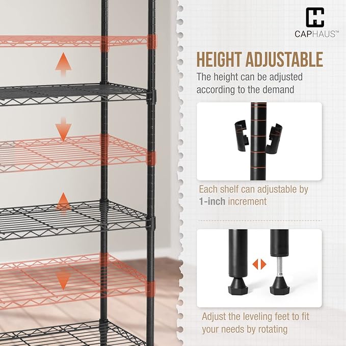 CAPHAUS NSF Adjustable 5 Tier Wire Shelving Unit w/Basket & Liner, Metal Storage Rack Corner Shelves, Storage Rack for Kitchen, Bathroom, Laundry Closet, Metal Wire Shelving w/Basket Shelves Silver