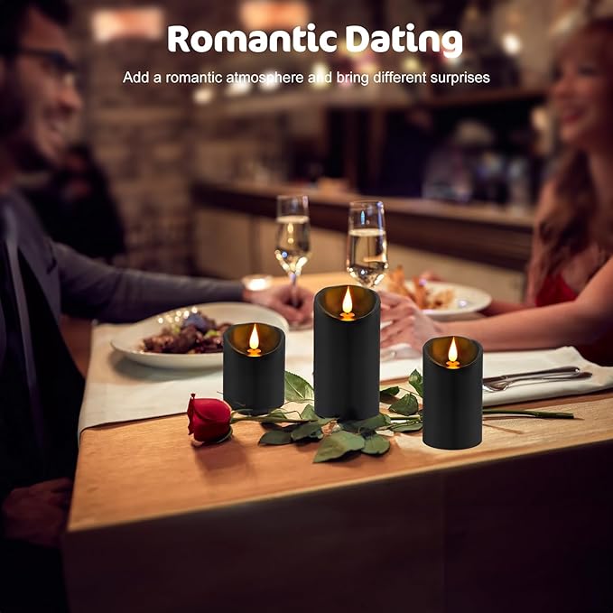 ALED LIGHT Black Real Wax Rechargeable Candles Flickering Realistic,Flameless Candles Rechargeable with Remote for Home Decor Idea Gift，Pack 3(D 3”X H 4”5”6”)