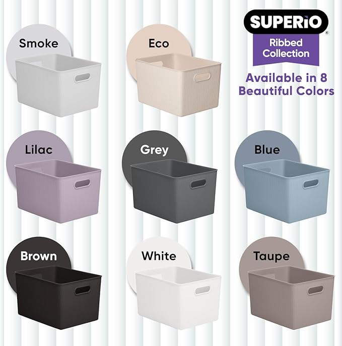 Superio Ribbed Collection - Decorative Plastic Basket Open Home Storage Bins Organizer, Small Grey (1 Pack) Container Boxes for Organizing Closet Storage Bins for Shelves Drawer Shelf 1.5 Liter