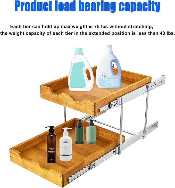 DINDON 2 Tier Pull Out Cabinet Organizer (20" W x 21" D) Wood And Metal Double Tier Slide Out Wood Drawer Under Cabinet Storage Organization