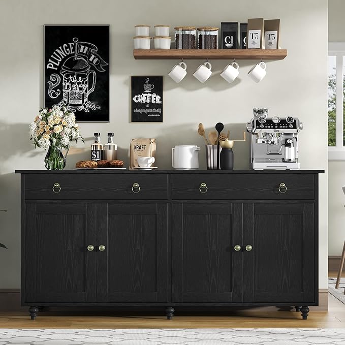 4 EVER WINNER Buffet Cabinet with Storage, 55" Black Sideboard Buffet Cabinet with Drawers and Doors, Coffee Bar for Dining Room