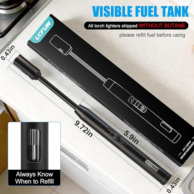 LcFun Torch Lighter Refillable Butane Lighters with Flexible Long Neck and Visible Fuel Window, Windproof Jet Flame Long Matches for Candles Grill Fireplace Kitchen Camping (Butane Not Included)