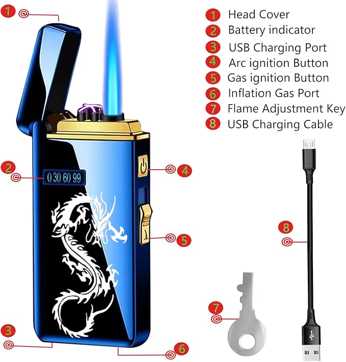 Arc Jet Flame Torch Lighter - 2 in 1 Electronic Refillable Butane, USB Rechargeable With Battery Indicator, Windproof Infinity Electric Plasma Cycle Charge (Blue Dragon)